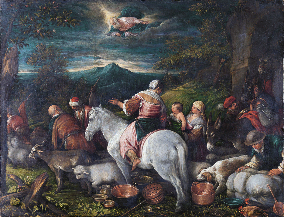 partenza di abramo e la sua famiglia e del bestiame alla terra di canaan, francesco bassano