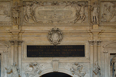 Motto "HOC OPUS HIC LABOR EST", Teatro Olimpico (Andrea Palladio), Vicenza, Italy