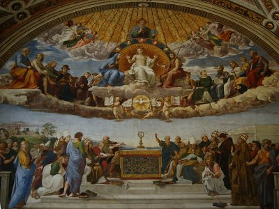 Het Dispuut over het Heilige Sacrament, Rome; The Disputation of the Sacrament, Raphael, Rome.